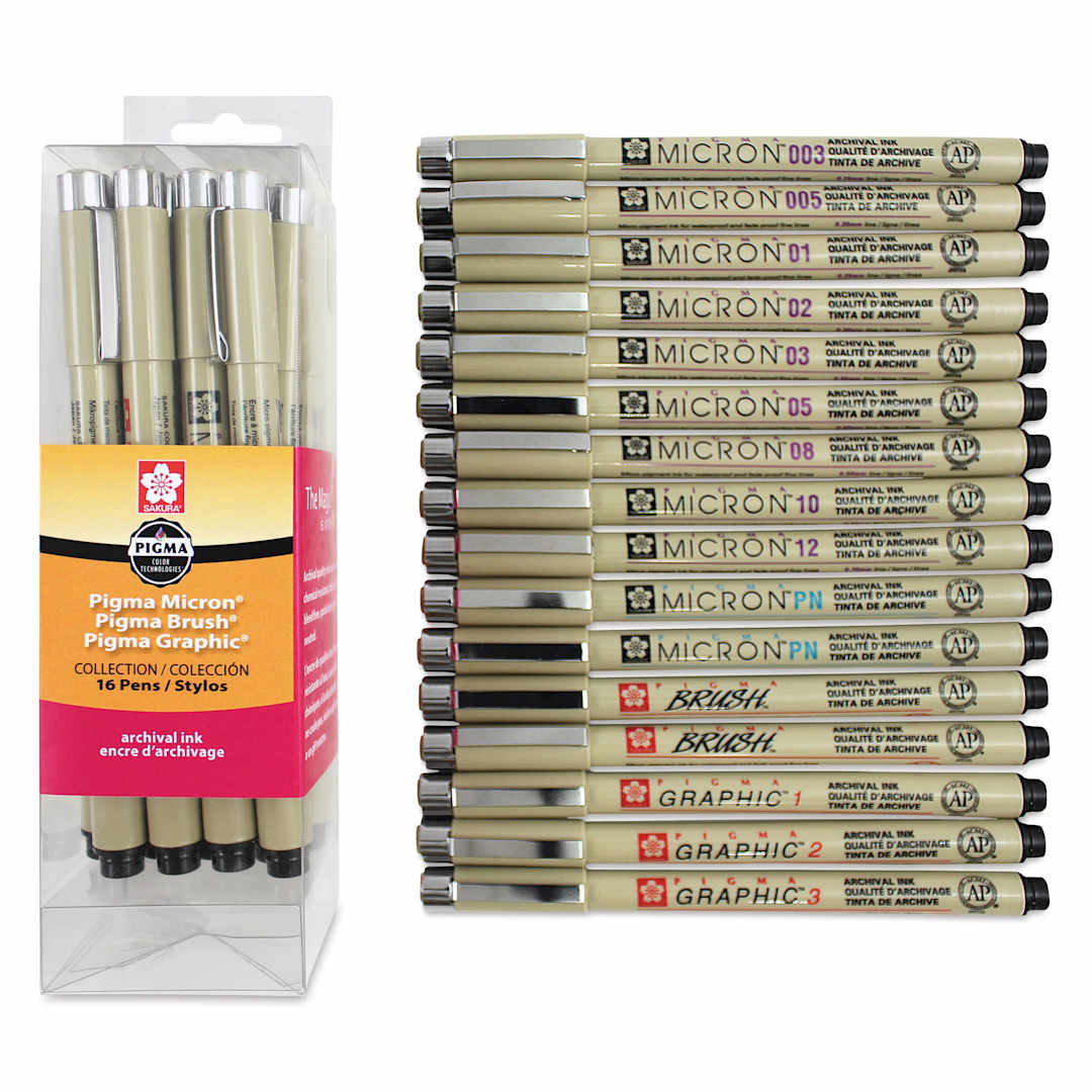 Open in modal - Sakura Pigma Micron, Brush and Graphic Markers - Set of 16, Black, Assorted Sizes, packaging and contents