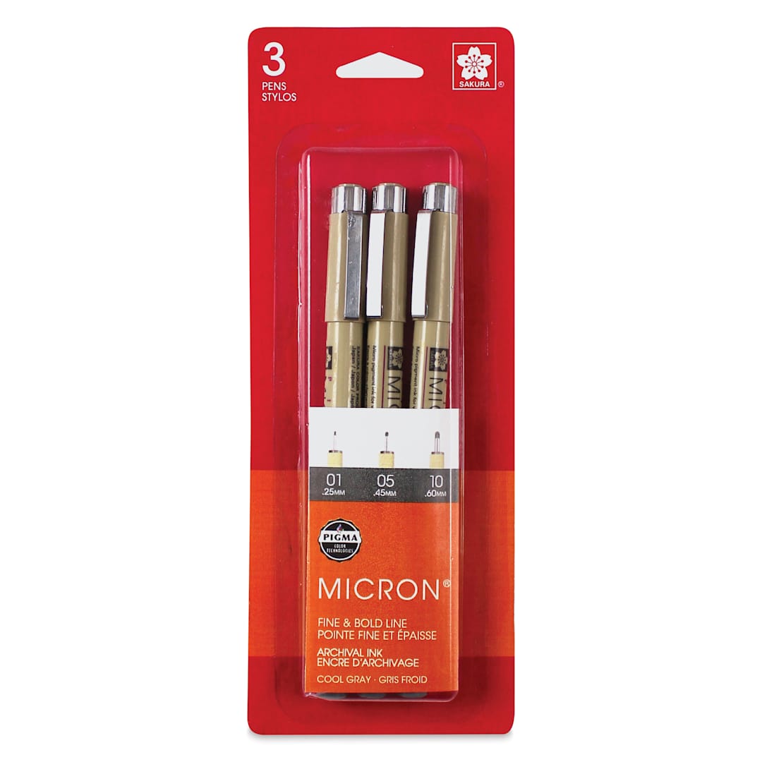 Open in modal - Sakura Pigma Micron Pens - Set of 3, Cool Gray, Fine and Bold Sizes, packaging