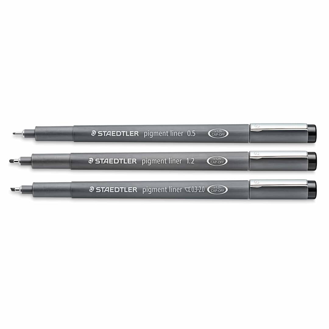 Open in modal - Staedtler Pigment Liner Pens - Set of 3, Black, Chisel and Fine Tip, Assorted Sizes