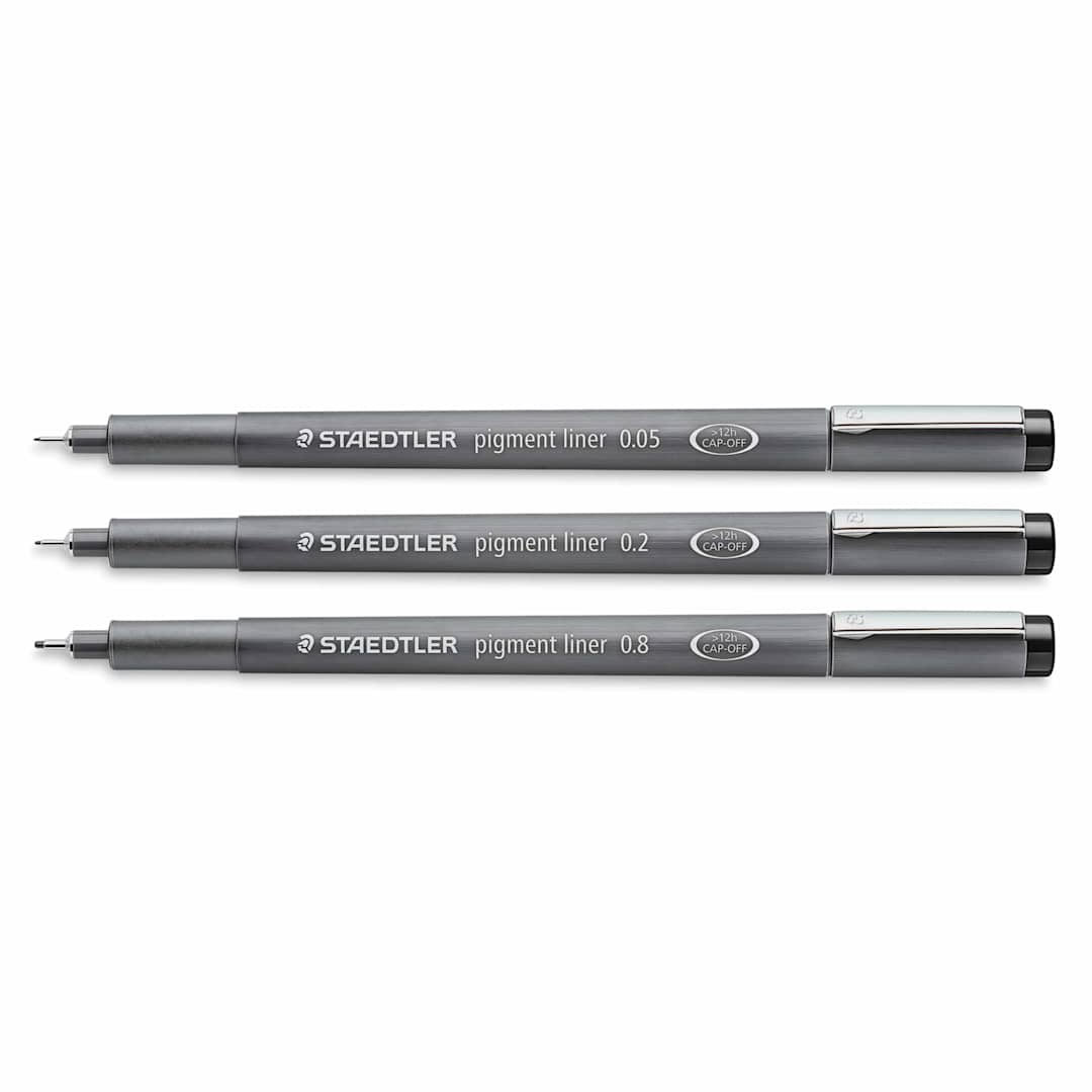 Open in modal - Staedtler Pigment Liner Pens - Set of 3, Black, Fine Tip, Assorted Sizes