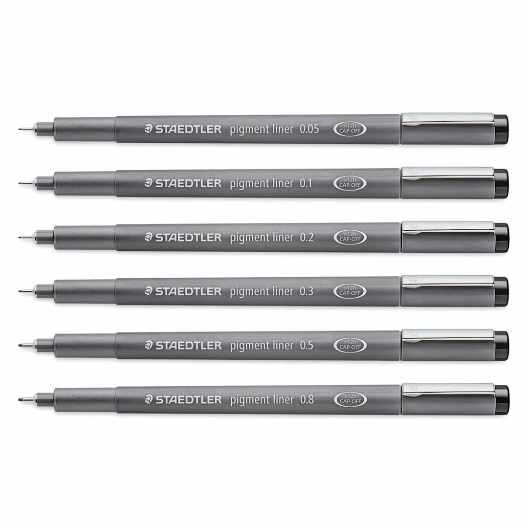 Open in modal - Staedtler Pigment Liner Pens - Set of 6, Black, Fine Tip, Assorted Sizes