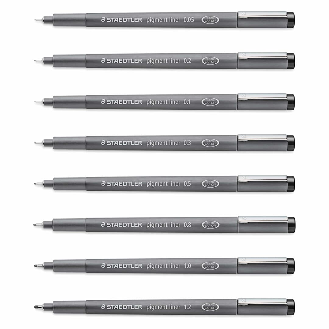 Open in modal - Staedtler Pigment Liner Pens - Set of 8, Black, Chisel and Fine Tip, Assorted Sizes
