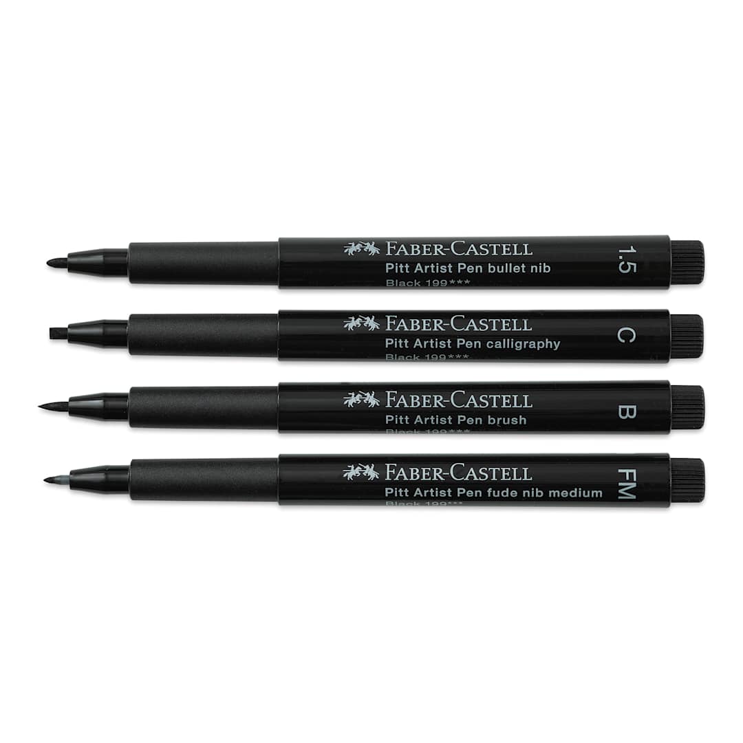 Open in modal - Faber-Castell Pitt Artist Pens- Black, Set of 4, Assorted Nibs, Bold (set contents)