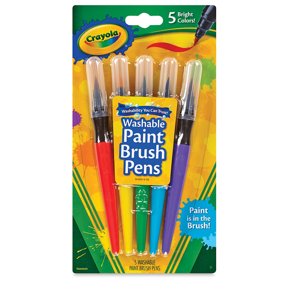 Open in modal - Crayola No Drip Washable Paint Brush Pens - Front of 5 pc blister package showing pens