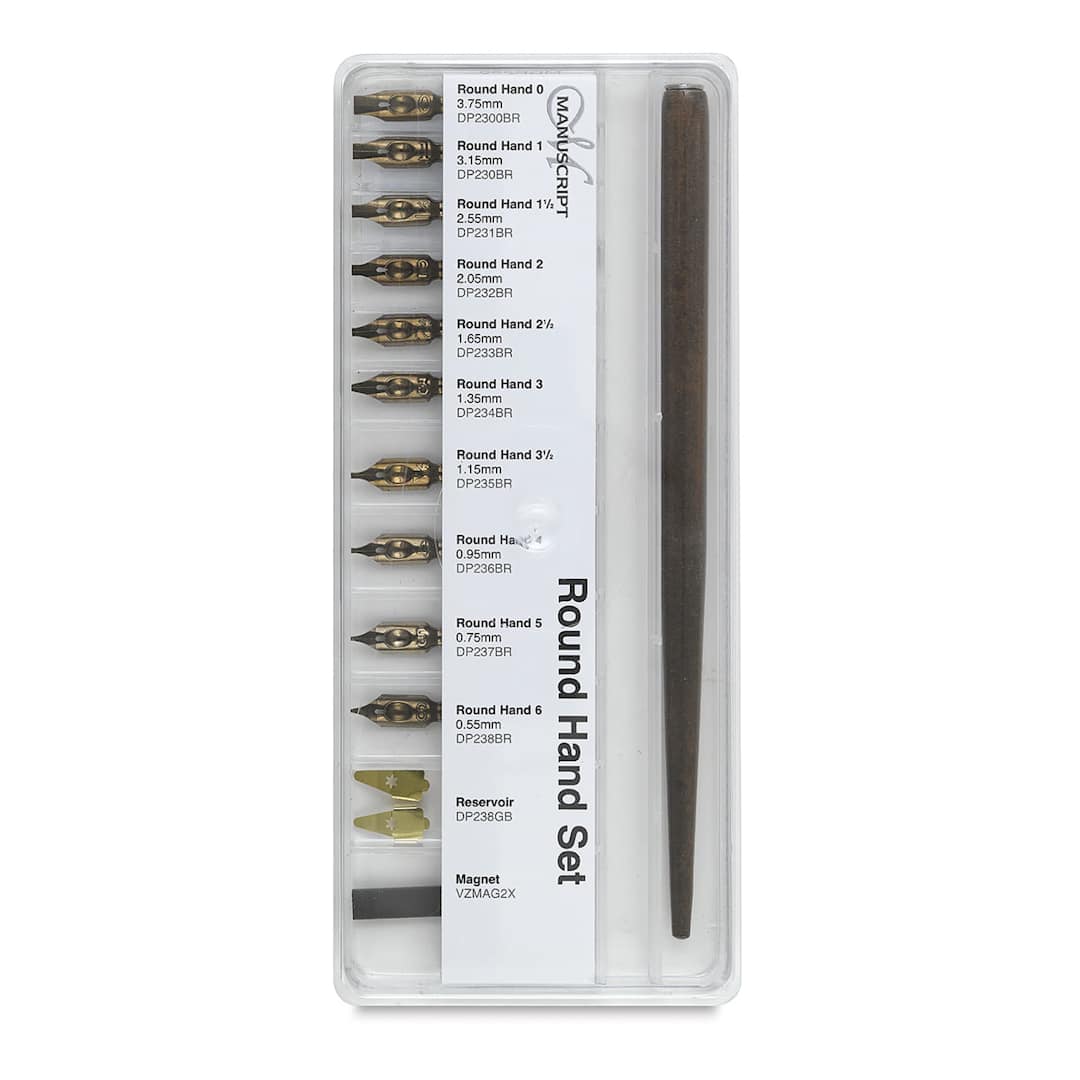 Open in modal - Manuscript Nib Sets - Front view of Roman Round Hand Nib set in packaging showing components
