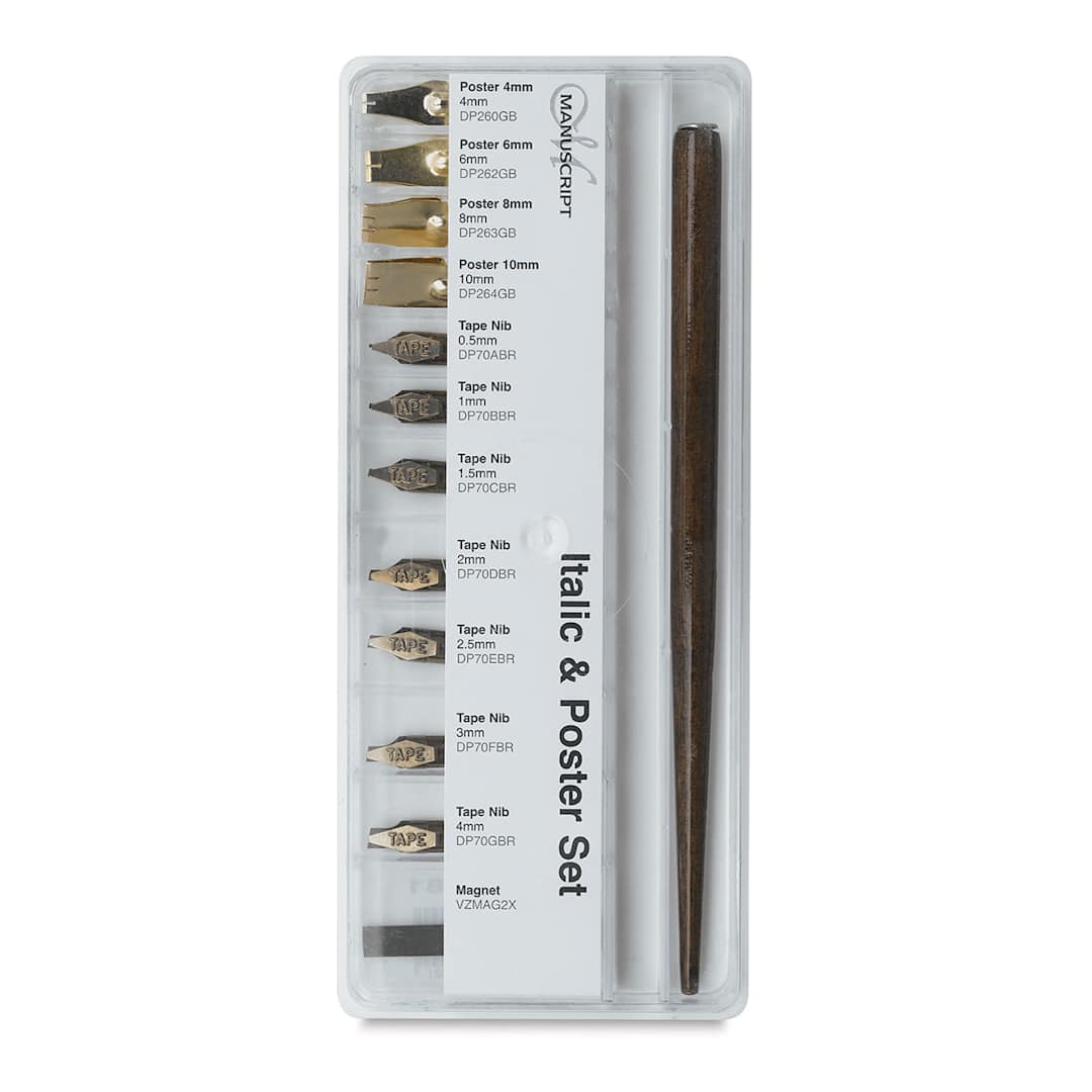 Open in modal - Manuscript Nib Sets - Front view of Italic Nib set in packaging showing components