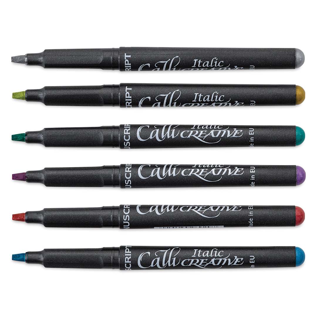 Open in modal - Manuscript CalliCreative Italic Marker - Metallic, Set of 6 out of packaging with caps removed