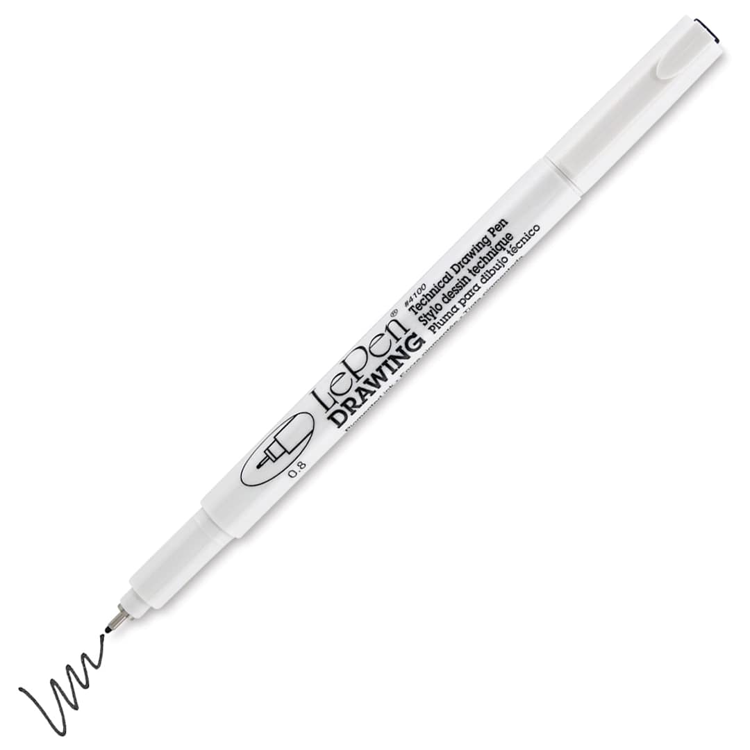 Open in modal - Marvy Uchida LePen Technical Drawing Pen - 0.8 mm Tip, Black (cap off with example swatch)