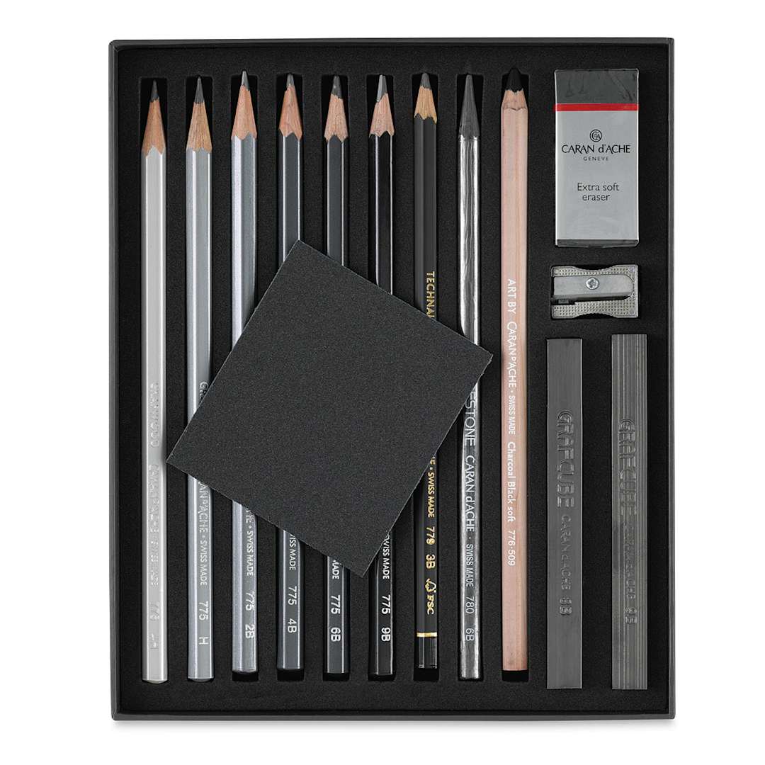 Open in modal - Caran d'Ache Sketching Set - Components of set shown in open package tray