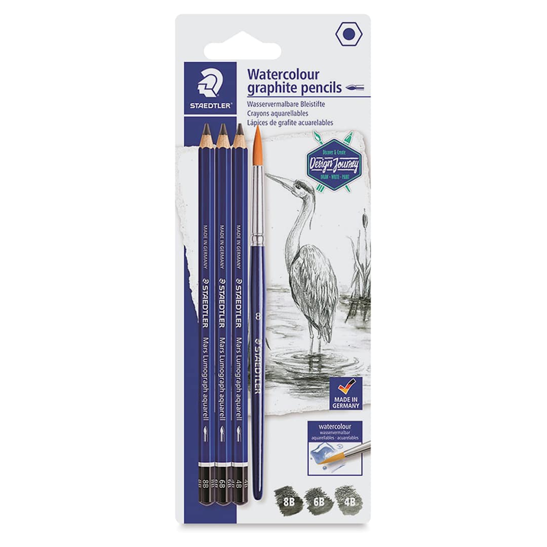 Open in modal - Staedtler Mars Lumograph Aquarell Pencil Set - Front of blister package showing pencils
