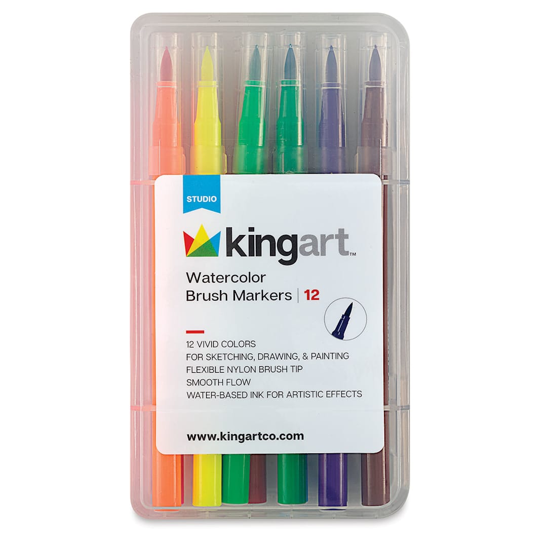 Open in modal - Kingart Watercolor Brush Marker Sets - Front of package of 12 Markers