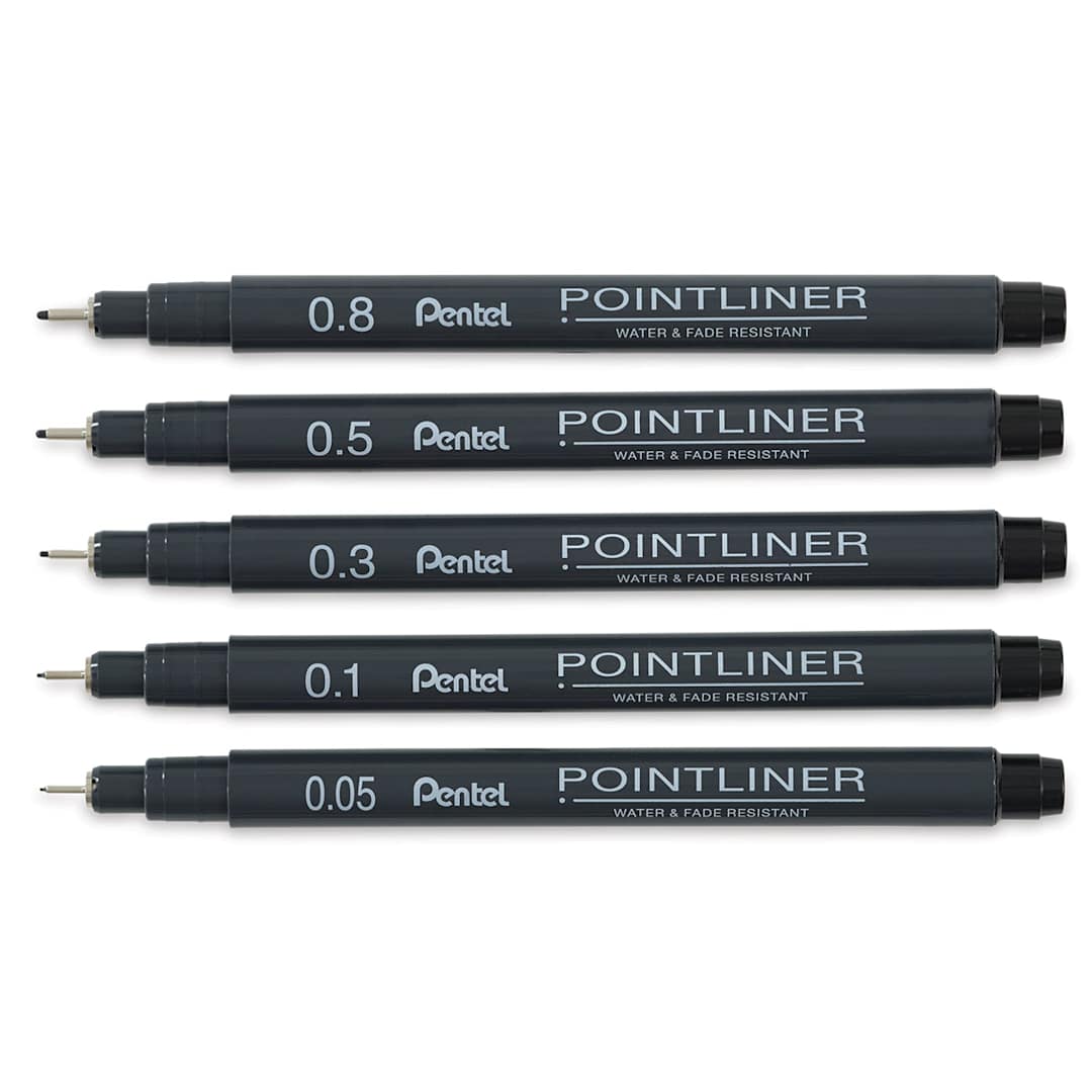 Open in modal - Pentel Arts Pointliner Pen Set - 5 pc set shown uncapped and horizontally