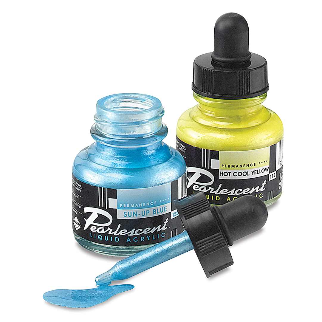 Open in modal - Pearlescent Liquid Acrylic Artists' Inks - Yellow and Blue Inks shown with dropper removed from blue