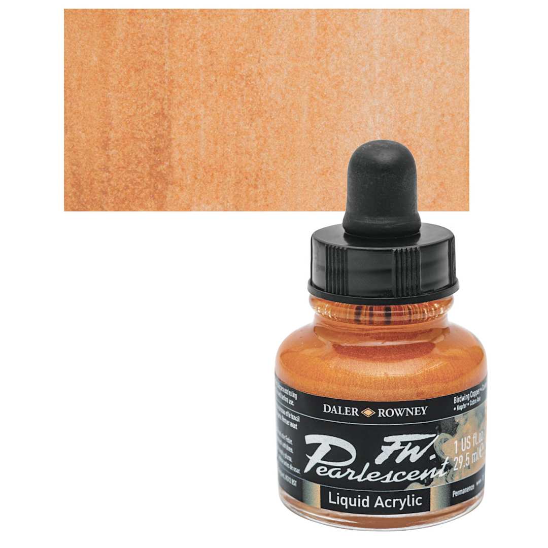 Open in modal - Daler-Rowney FW Acrylic Pearlescent Liquid Acrylic Artist's Ink - 1 oz, Birdwing Copper and swatch