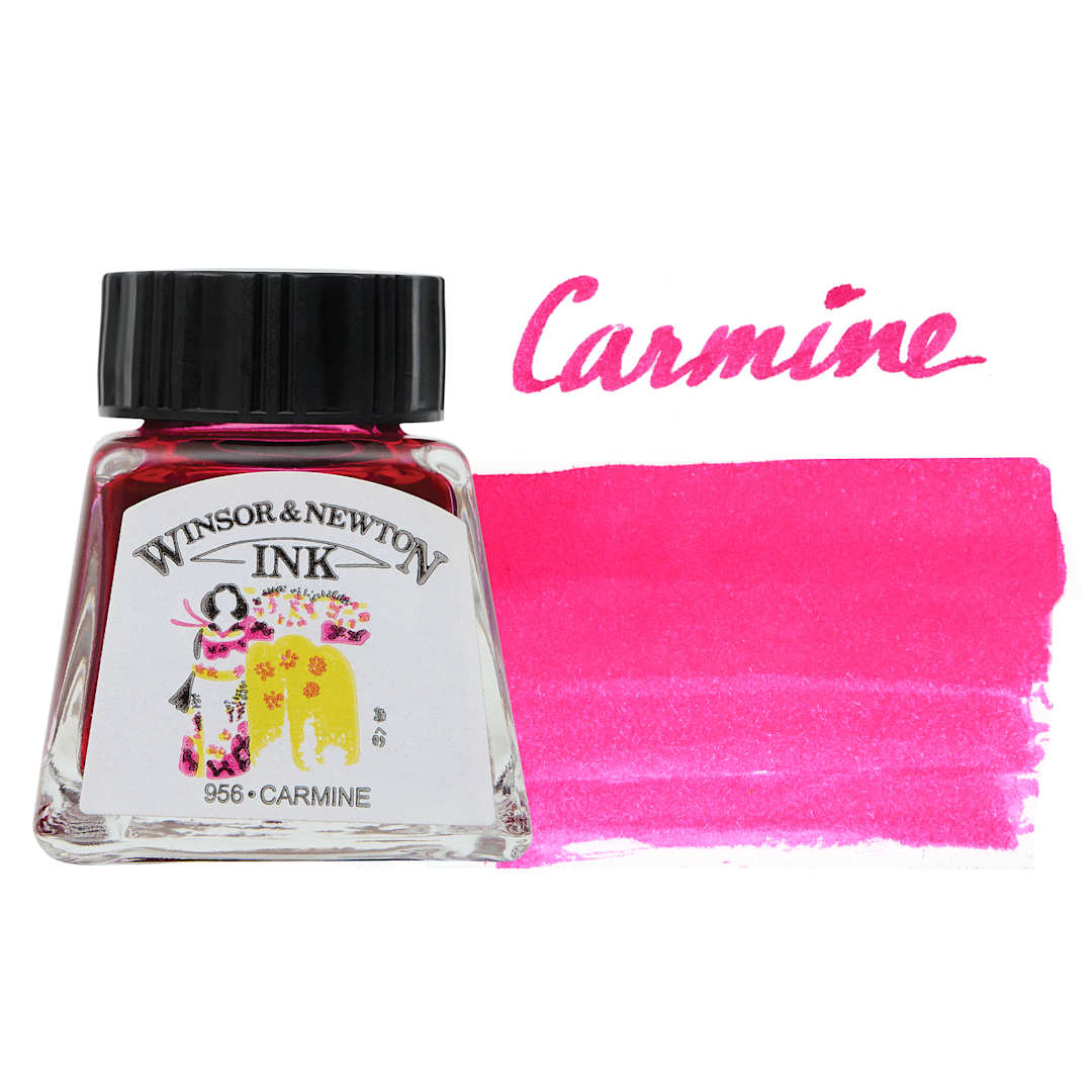 Open in modal - Winsor & Newton Drawing Ink - Carmine, 14 ml, bottle and swatch
