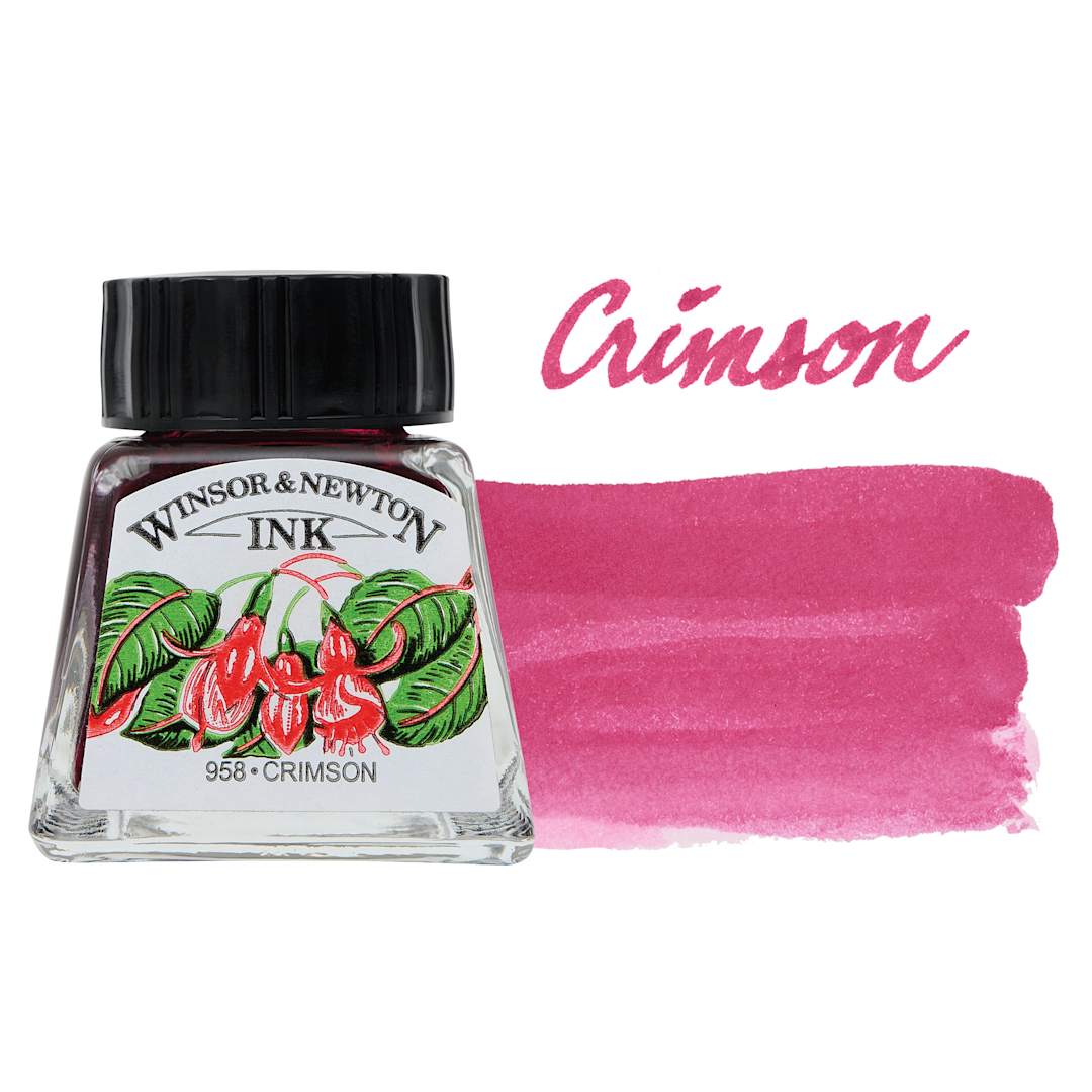 Open in modal - Winsor & Newton Drawing Ink - Crimson, 14 ml bottle and swatch