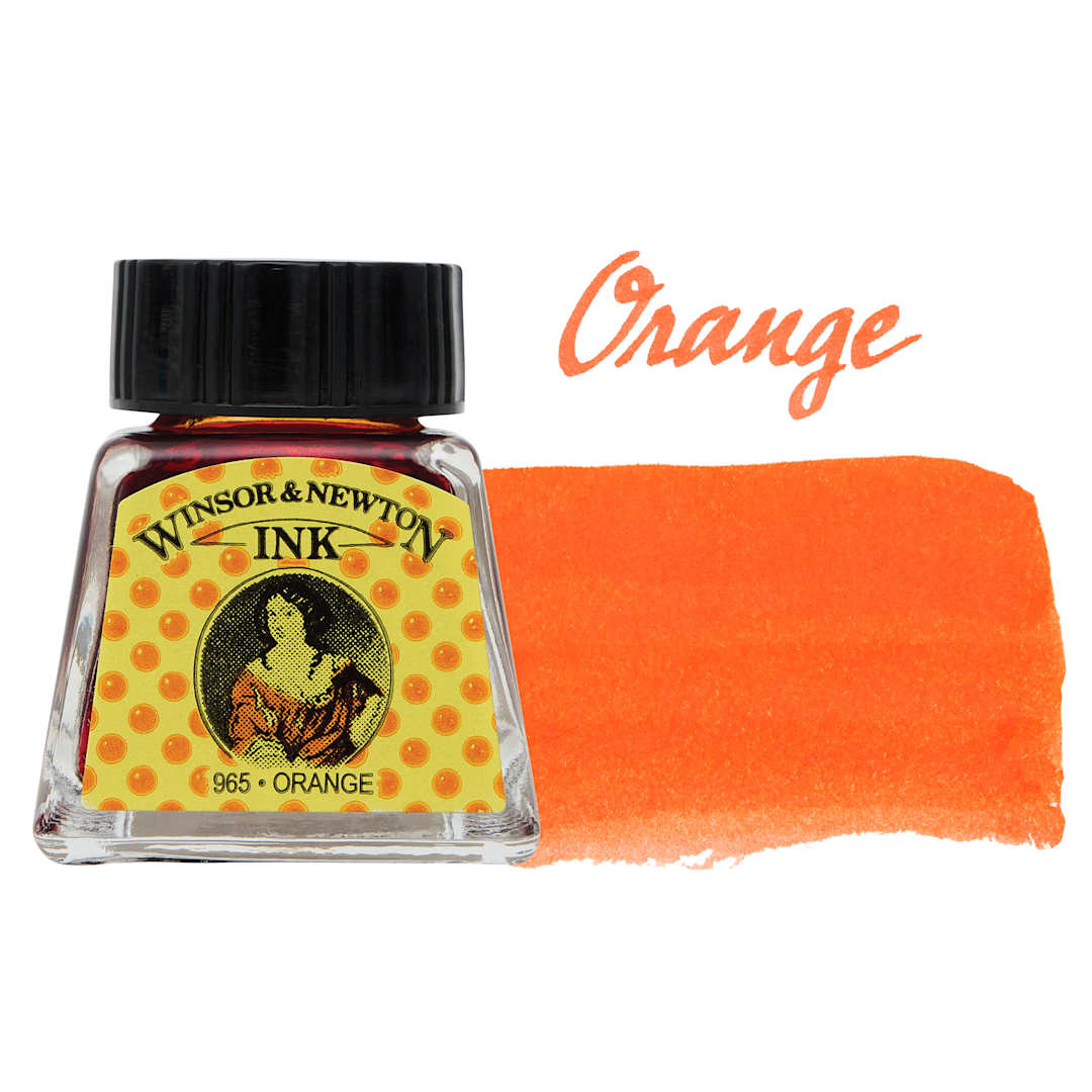 Open in modal - Winsor & Newton Drawing Ink - Orange, 14 ml bottle and swatch