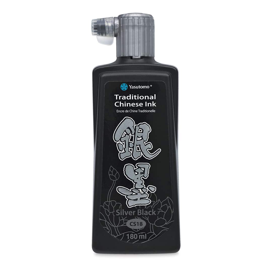Open in modal - Yasutomo Chinese Inks - Front of bottle of Metallic Silver Black Ink