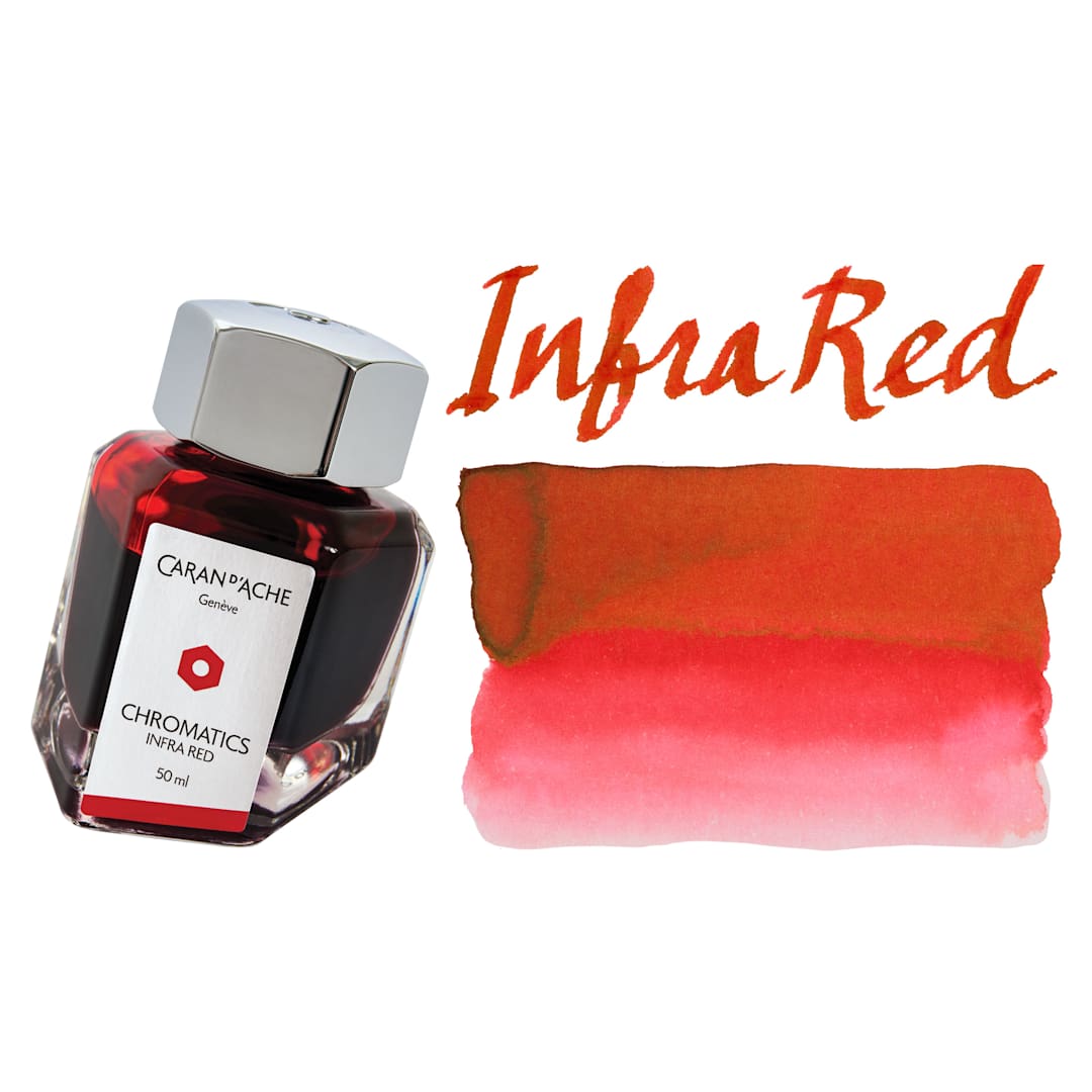 Open in modal - Caran d'Ache Chromatics Ink - Infrared, swatch and jar