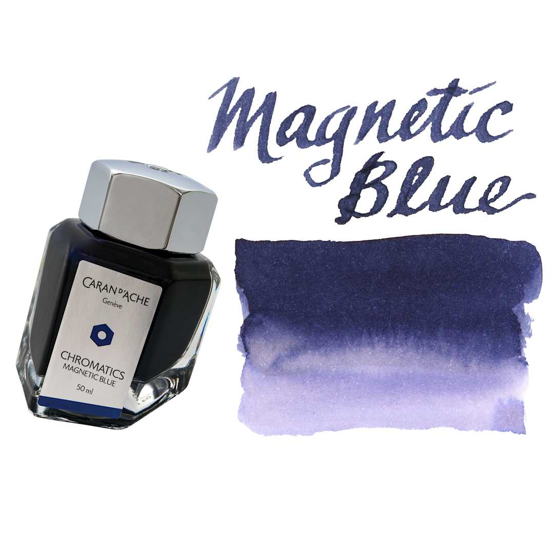 Open in modal - Caran d'Ache Chromatics Ink - Magnetic Blue, swatch and jar
