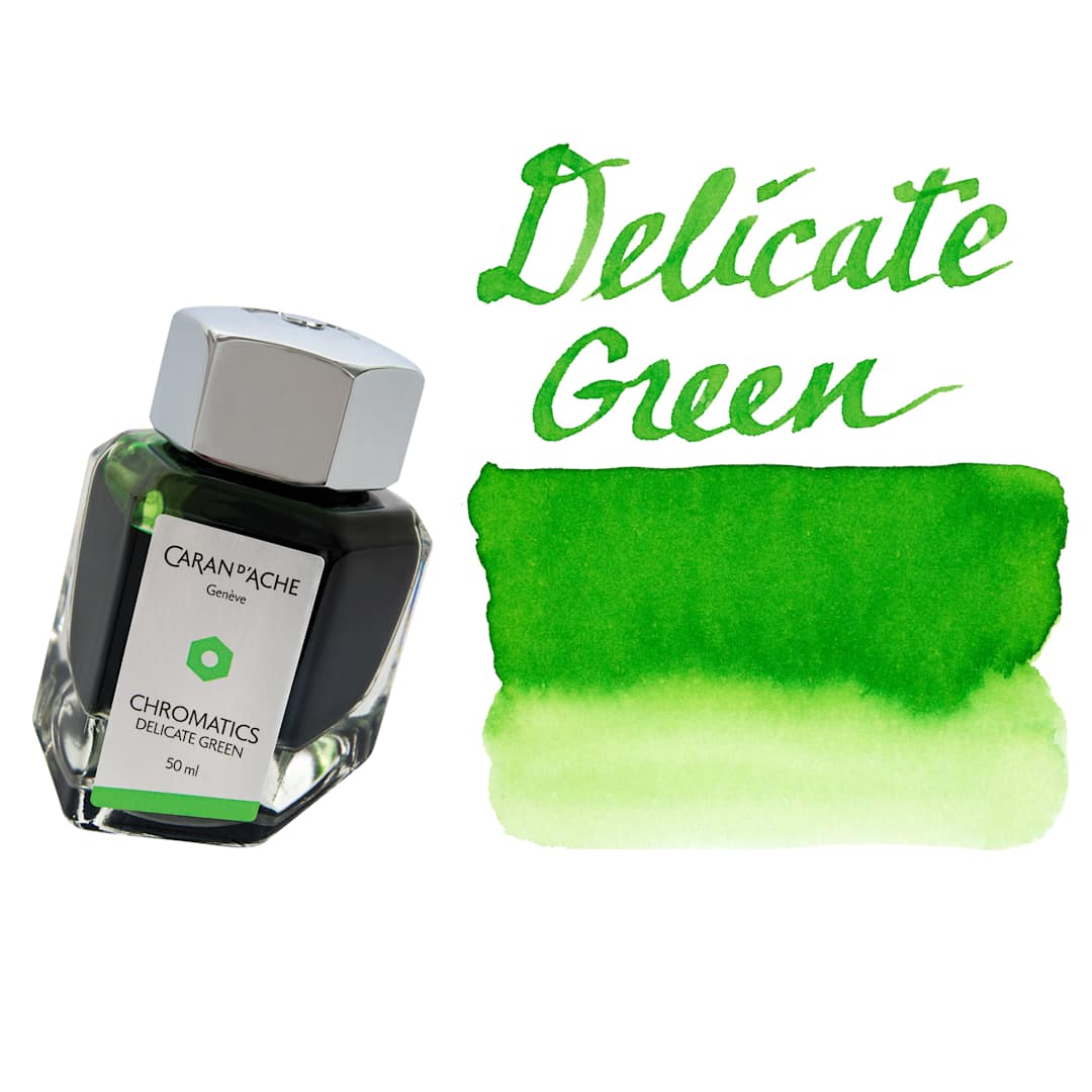 Open in modal - Caran d'Ache Chromatics Ink - Delicate Green, swatch and jar
