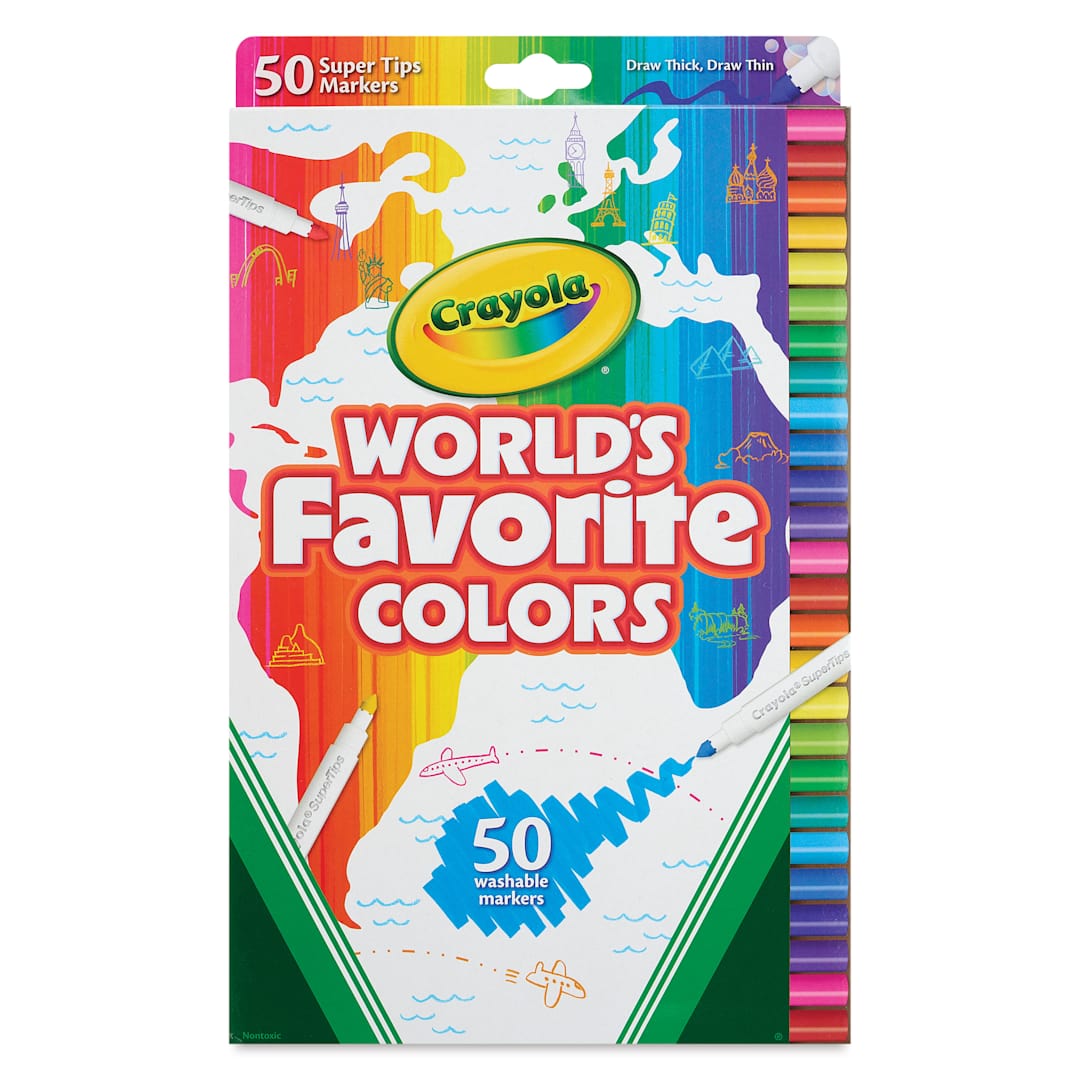 Open in modal - Crayola Super Tips Washable Marker Set - World's Favorite Colors, Fine Line, Set of 50, front of packaging