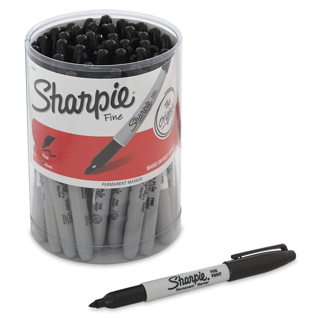 Open in modal - Sharpie Fine Point Permanent Markers - Black, Pkg of 36, single marker in front of canister.