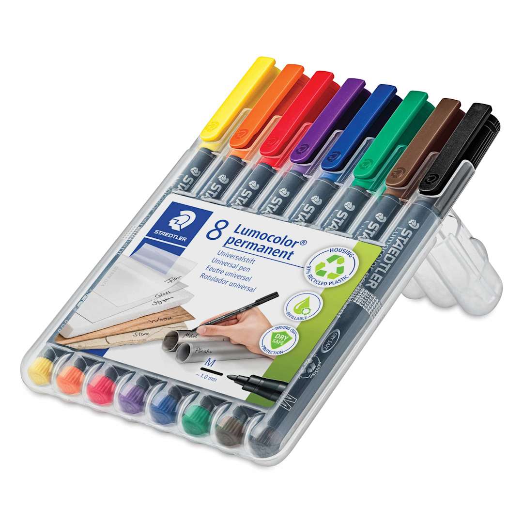 Open in modal - Staedtler Lumocolor Permanent Markers - Set of 8, Assorted, Medium, angled view
