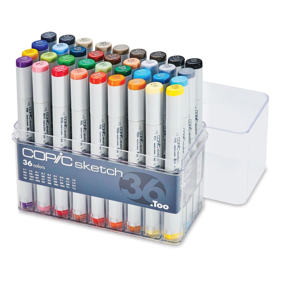 Open in modal - Copic Sketch Markers, Set of 36 Basic Colors. Front of clear package, four rows of markers, lid off.
