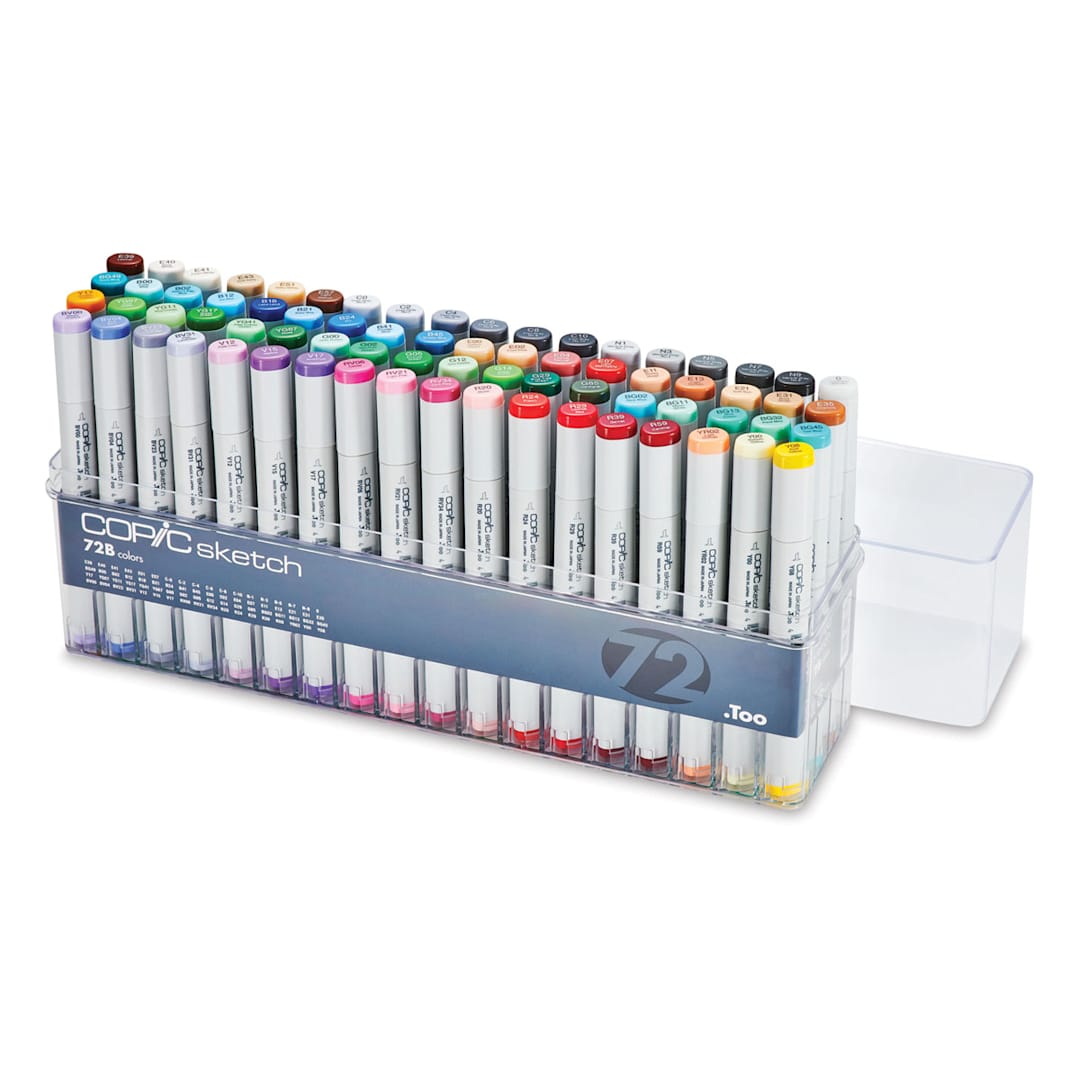Open in modal - Copic Sketch Markers, Set of 72, Set B. Clear package, anime and flesh tones, 4 rows marker rows, lid off.