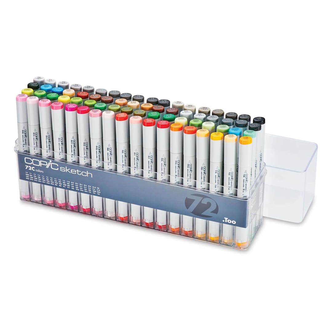 Open in modal - Copic Sketch Markers, Set of 72. Set C, clear package features grays and colors, four rows, lid off.