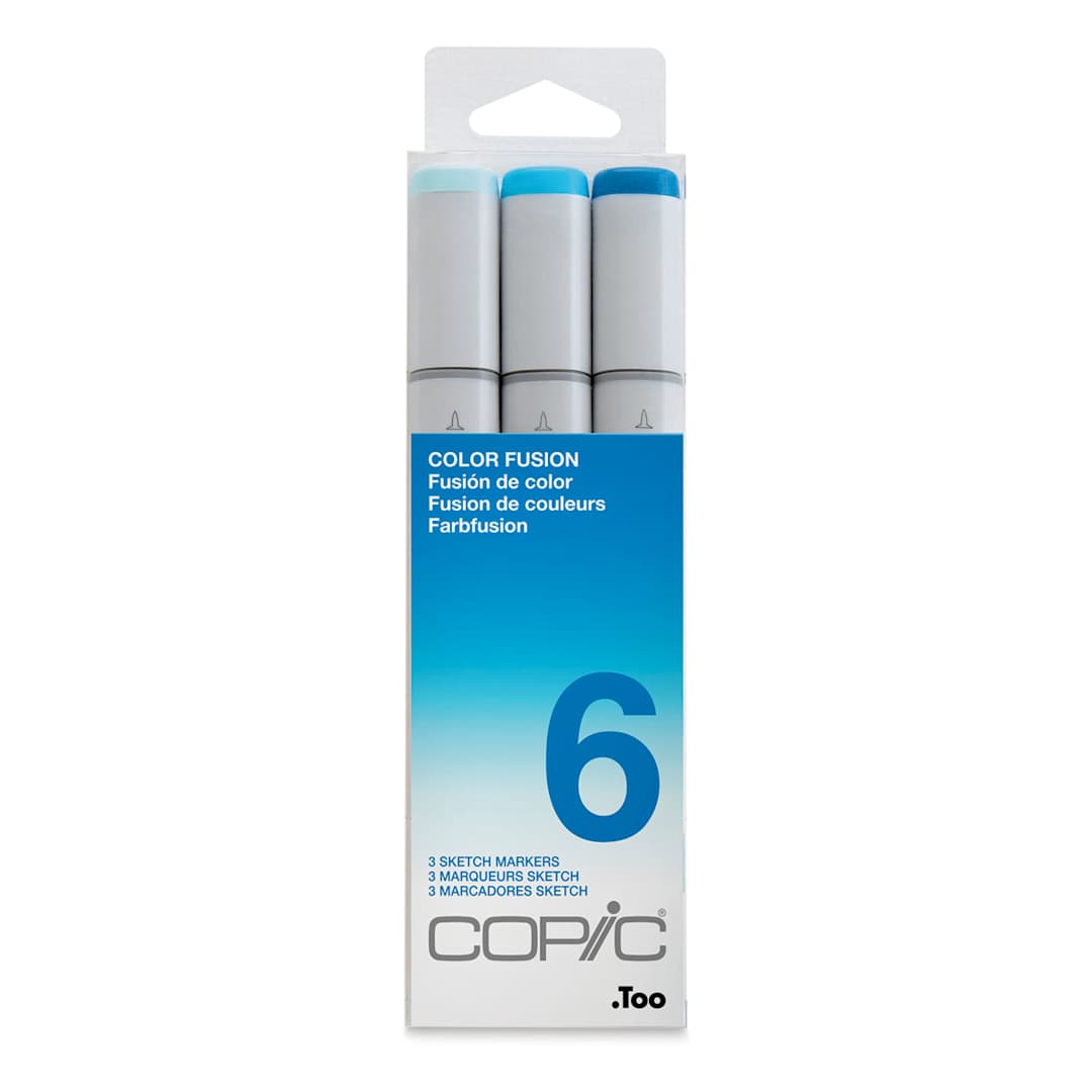 Open in modal - Copic Sketch Markers, Set of 3. Color Fusion 6. Front of package, light to dark blue colors.