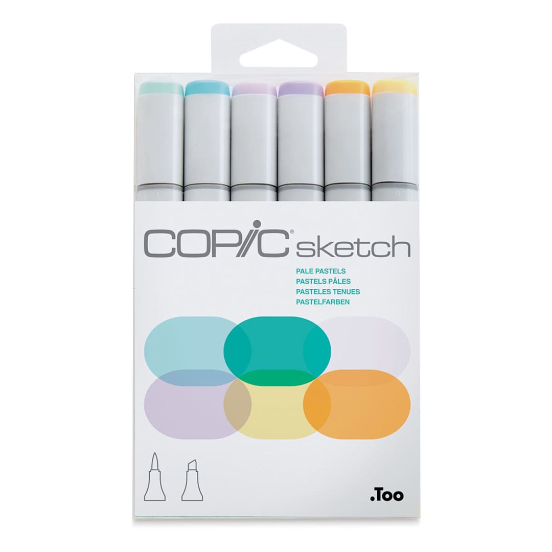 Open in modal - Copic Sketch Markers, Set of 6. Pale Pastels. Front of set of yellow, aqua, pink, and violet colors.