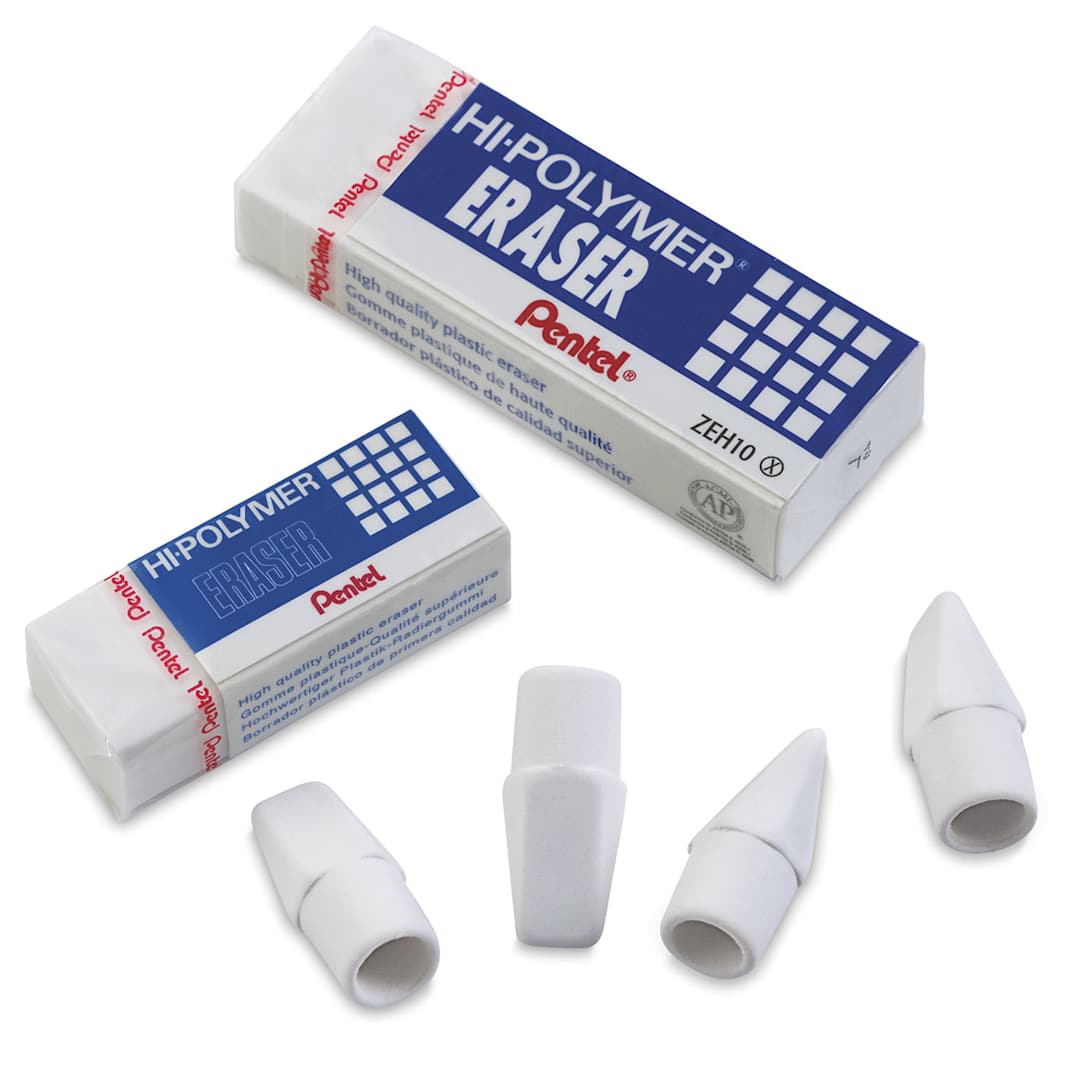 Open in modal - Pentel Hi-Polymer Erasers - Large and Small Erasers shown with 4 loose Eraser Caps