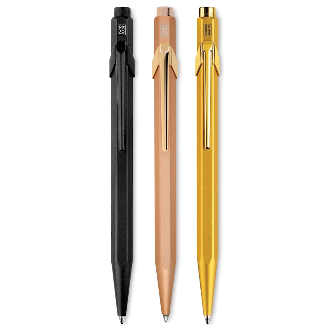 Open in modal - Caran d'Ache 849 Premium Ballpoint Pens in Black Code, Brut Rose, and Goldbar