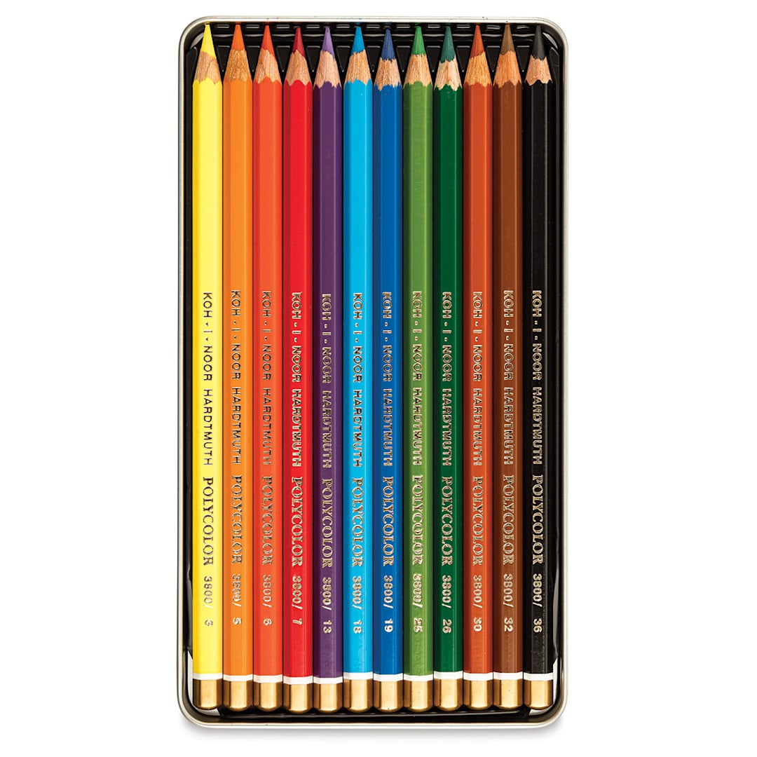 Open in modal - Koh-I-Noor Polycolor Dry Color Drawing Pencils, Set of 12. Inside of package.