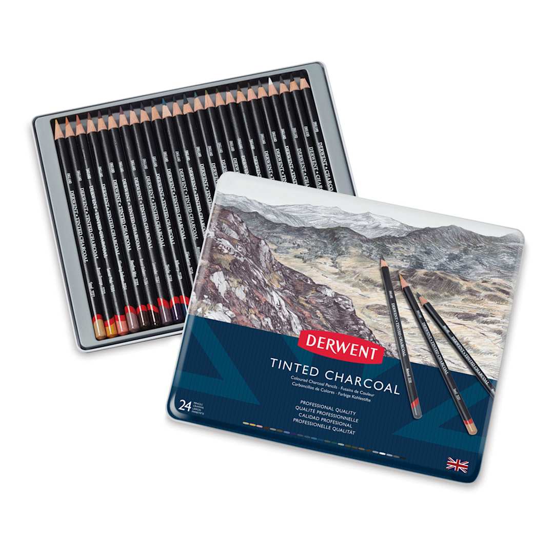 Open in modal - Derwent Tinted Charcoal Pencil Set - 24 pc Assorted Colors Set, Tin Box open slightly showing pencils