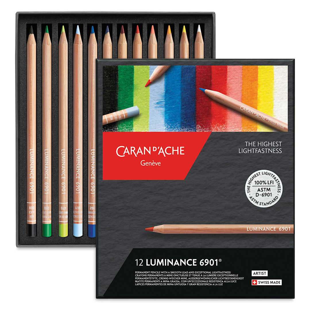 Open in modal - Luminance Colored Pencil Set - Assorted Colors, Set of 12 open box with contents
