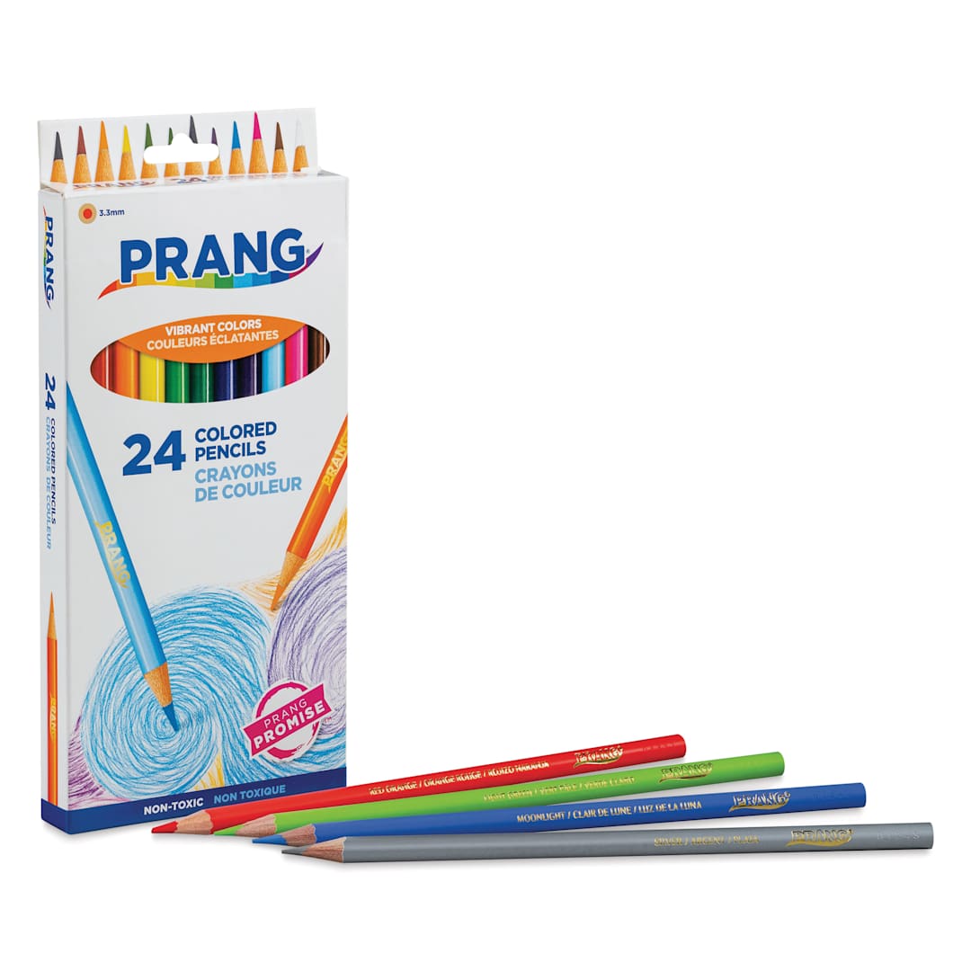 Open in modal - Prang Colored Pencils - Assorted Colors, Set of 24, three pencils in front of packaging