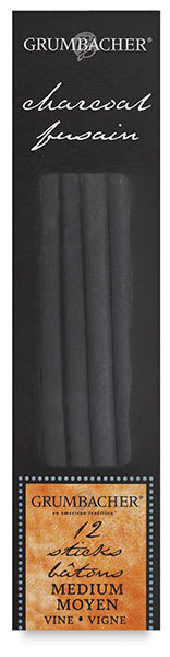 Open in modal - Grumbacher Vine Charcoal - Front of package of 12 pc Medium Grade Vine Charcoal