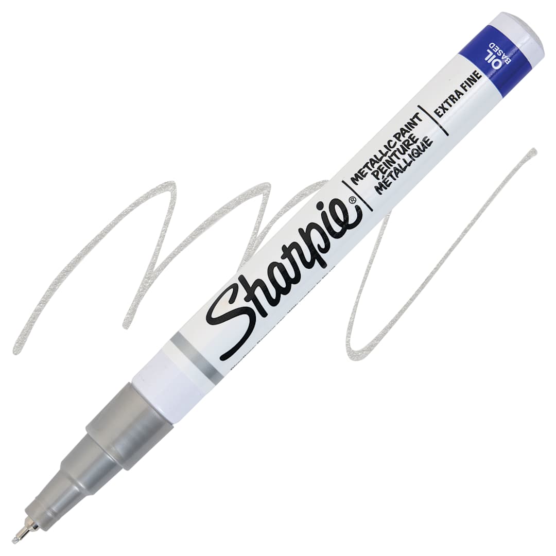 Open in modal - Sharpie Oil-Based Paint Marker - Metallic Silver, Extra Fine Point, swatch and marker