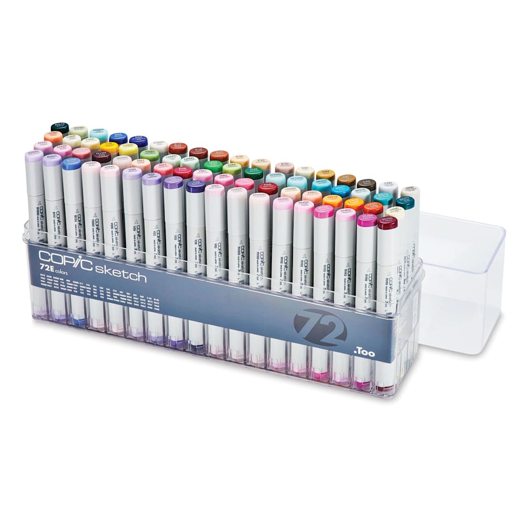 Open in modal - Copic Sketch Markers, Set of 72 E colors, four rows, clear package, lid off.