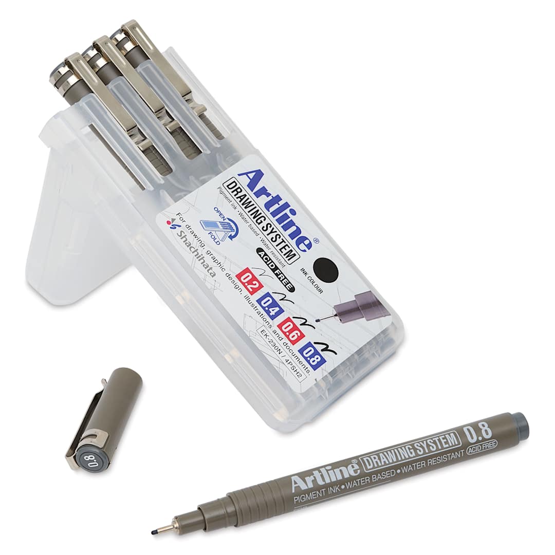 Open in modal - Artline Drawing Pens - Wallet Set of 4, Grey, packaging with pen
