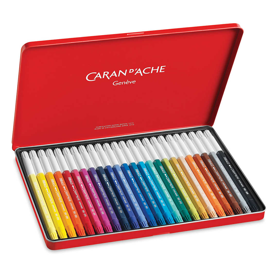 Open in modal - Caran d'Ache Fibralo Marker Sets - Components of package of 24 shown in open storage tin
