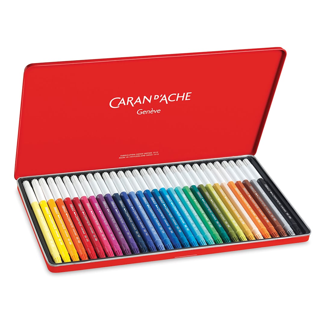 Open in modal - Caran d'Ache Fibralo Marker Sets - Components of package of 30 shown in open storage tin