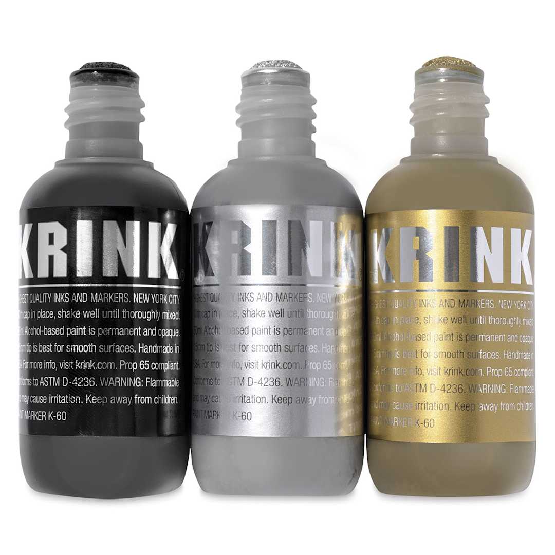Open in modal - Krink K-60 Paint Markers - Set of 3 Metallics, Black, Silver, and Gold bottles shown 
