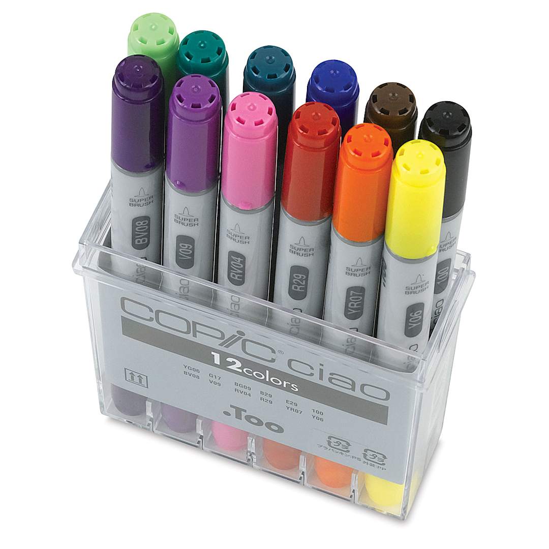 Open in modal - Copic Ciao Double Ended Markers - Basic Colors, Set of 12 (top view, with packaging open)