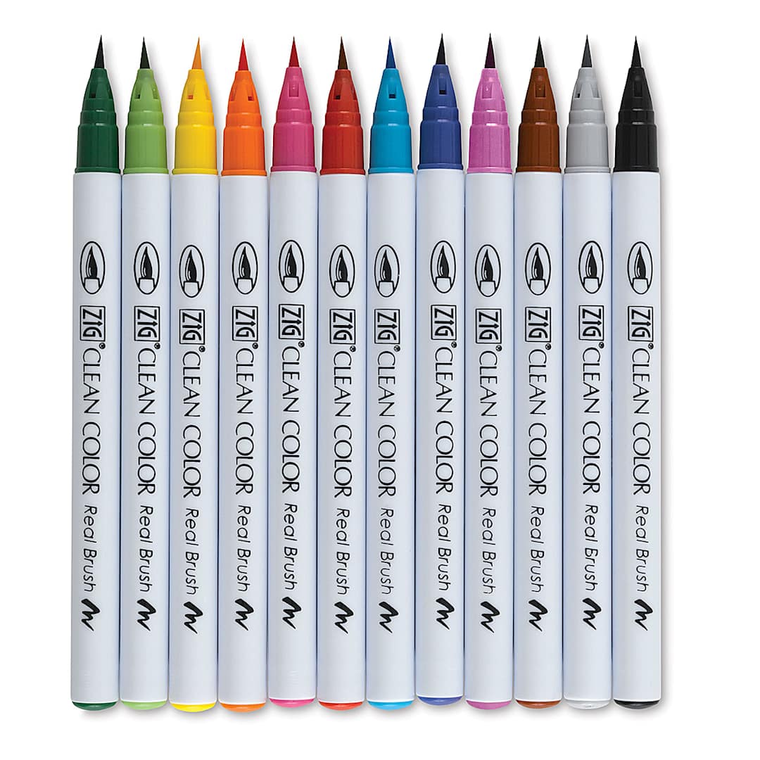Open in modal - Zig Clean Color Real Brush Pen Set - Components of Assorted Colors Set of 12 shown
