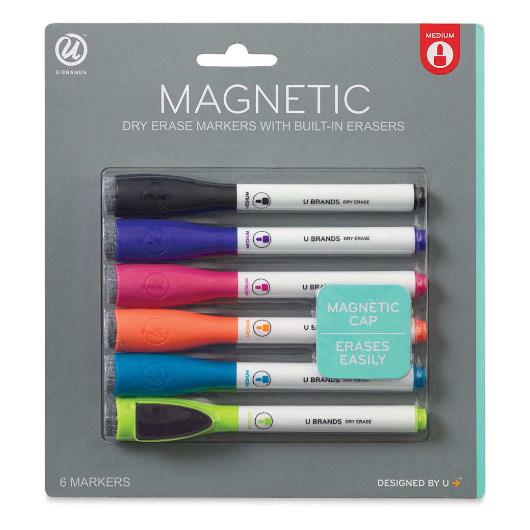 Open in modal - U Brands Magnetic Dry Erase Markers - Front of blister package of 6 Medium Tip Markers
