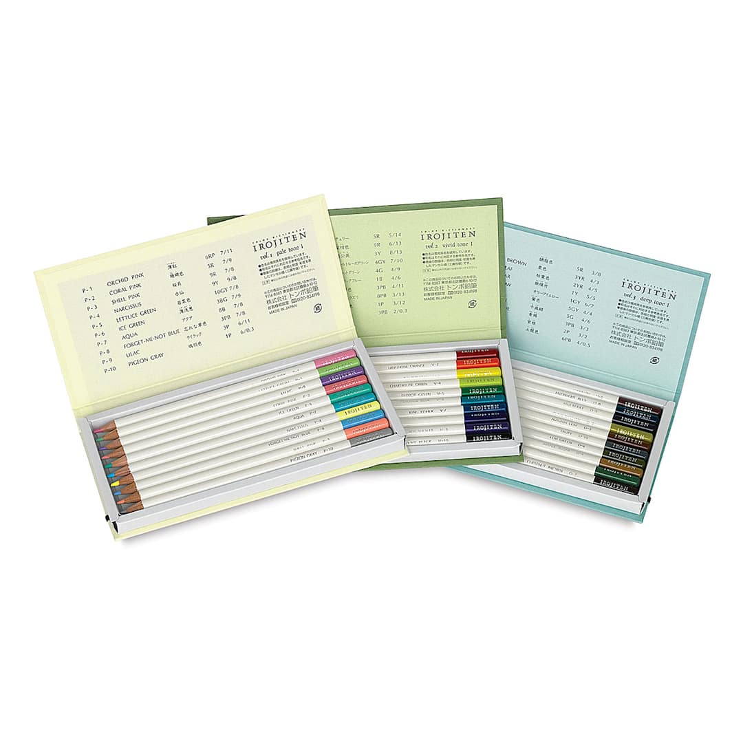 Open in modal - Irojiten Color Pencil Set - Rainforest, Set of 30, Volumes opened, showing contents.